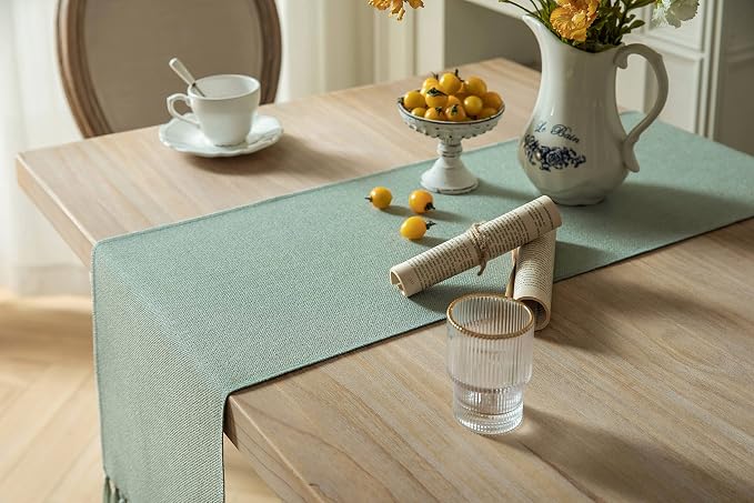 ZeeMart Sage Table Runners 48 Inches Long, Burlap Linen Style Rustic Farmhouse Table Runner, Small Short Boho Coffee Table Runner, 13x48 Inches, Seafoam