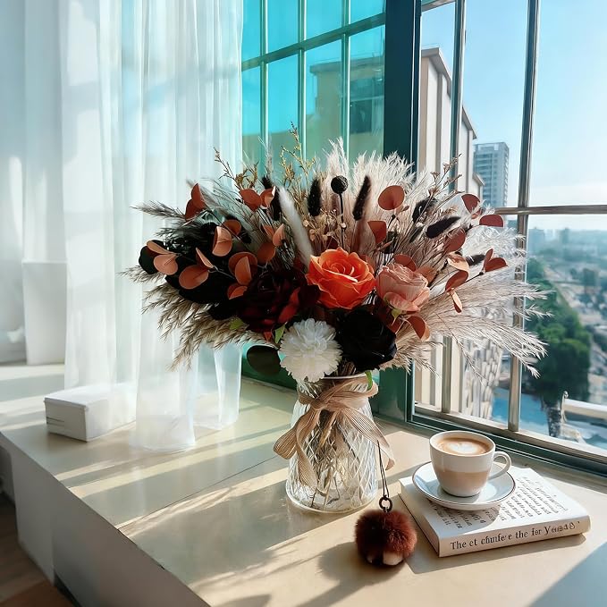 Vase with Artificial Flower Arrangemets Centerpieces for Dining Table Decorations,Faux Dried Pampas Grass Floral Decor, Fake Flowers in Vase for Home,Kitchen,Rustic Decoration(Orange)
