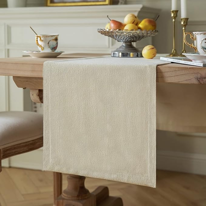 ZeeMart Burlap Style Farmhouse Table Runners 90 Inches Long, Cream Rustic Woven Dining Table Runner for Everyday Use, 14x90 Inches, Cream