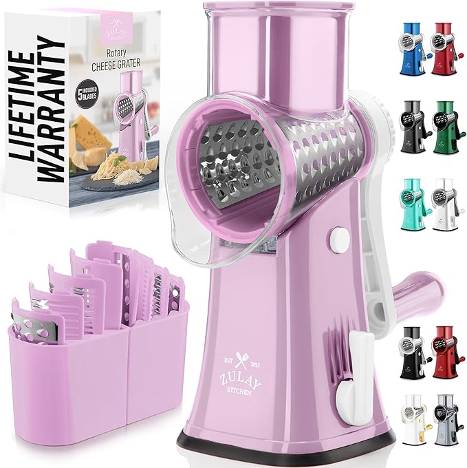 Zulay Kitchen Rotary Cheese Grater 5 Blade Cheese Shredder - Manual Hand Crank Cheese Grater With Reinforced Suction & 5 Interchangeable Drums - Easy to Use, Vegetable Chopper Round Mandoline Slicer