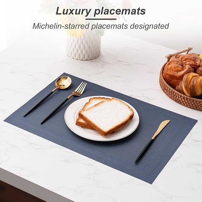 CADONO Placemats Set of 4 Washable Indoor/Outdoor Vinyl Place Mats for Dining Table Durable Non-Slip Heat Resistant PVC Weave Table Mats（Simple Style-Deep Blue）
