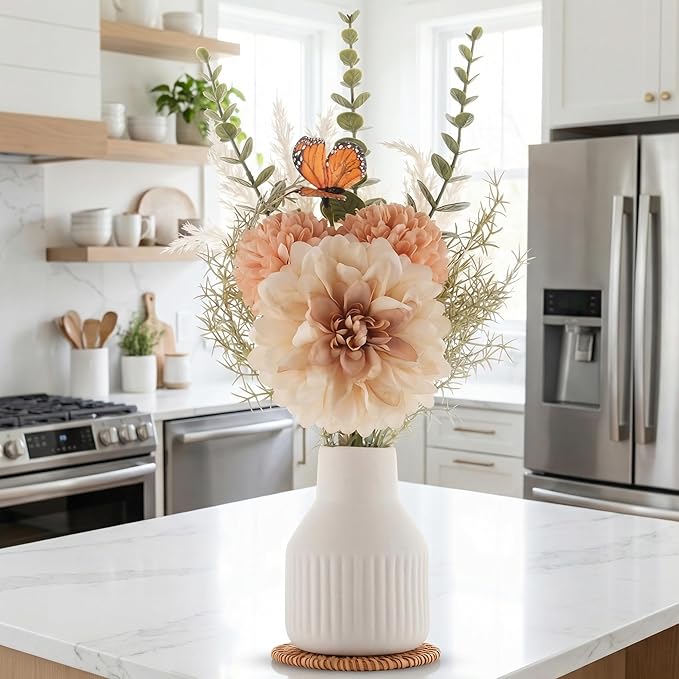 Small Fake Flowers in Vase 14" Centerpiece Table Decorations Silk Flowers Arrangements Ceramic Vase Dahlia Chrysanthemum Artificial Flowers Bouquet for Bathroom Dining Room Kitchen Wedding (White)