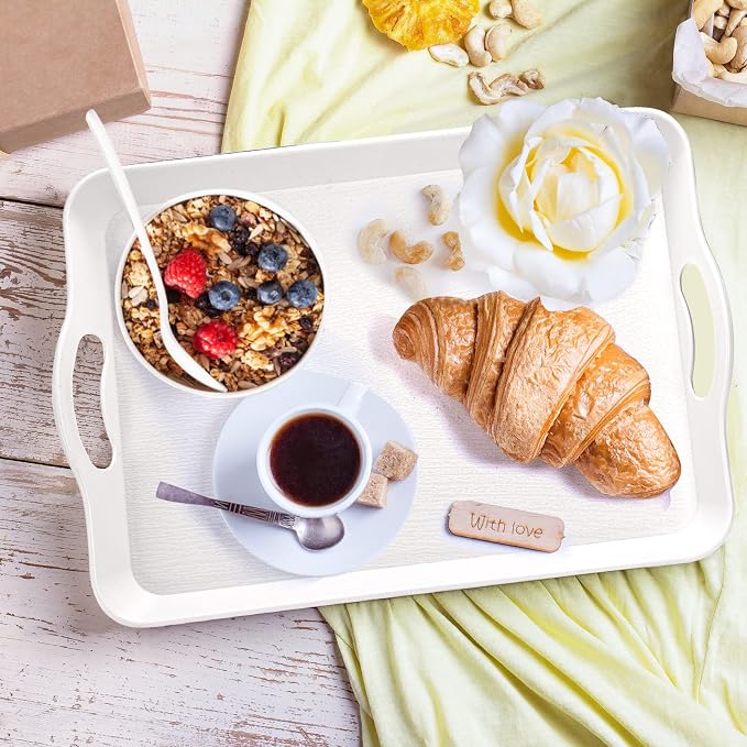Cedilis 3 Pack Serving Trays with Handles, 16 x 11IN Food Serving Tray, Rectangular Plastic Stackable Tray for Restaurant, Parties, Coffee Table, Kitchen (White)