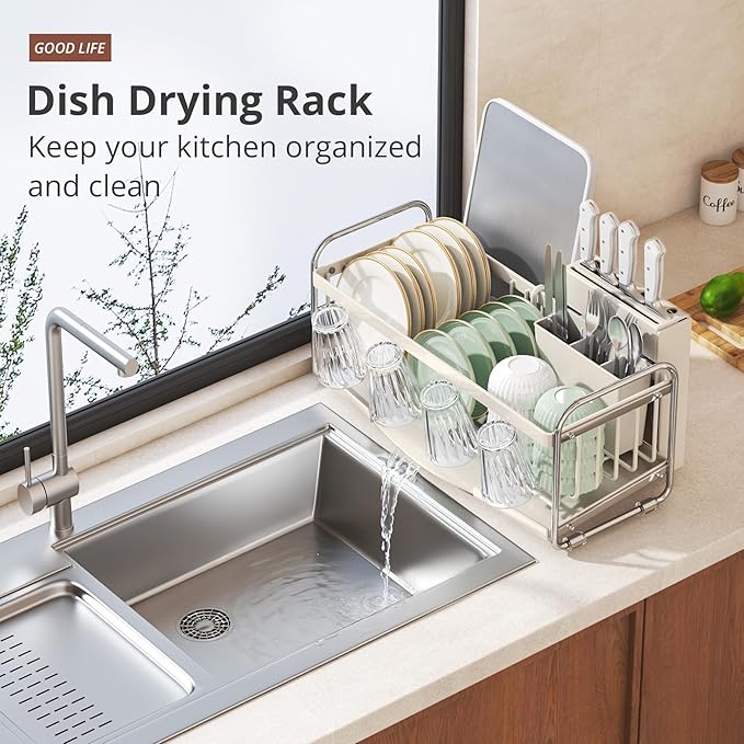 Compact Small Dish Drying Rack for Kitchen Counter - Narrow Metal Dish Drainer Rack with Utensil Holder, Space-Saving Plate Organizer for Sink Storage, Apartment & RV (Off-White Ivory)