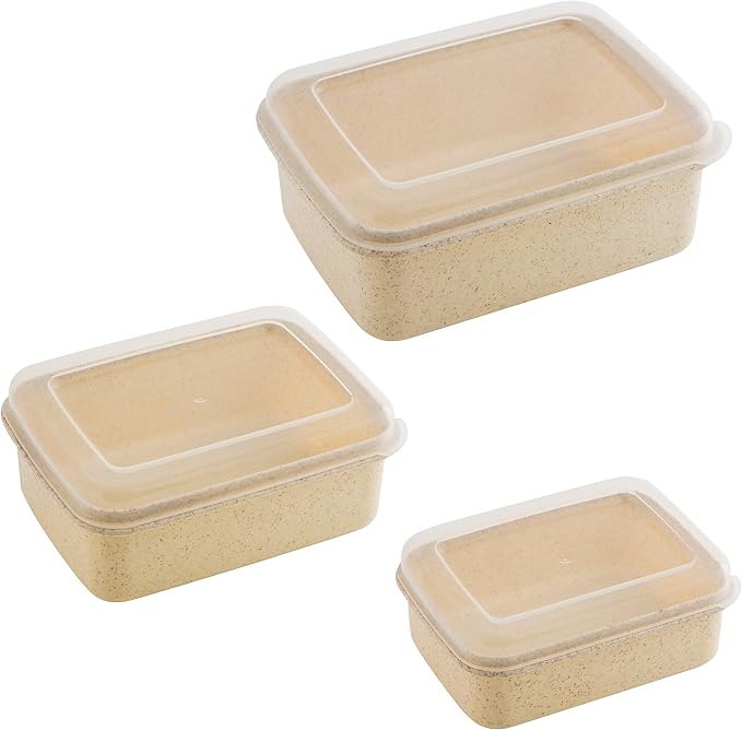 Simplify 6 Piece Set Eco Wheat Plastic Food Storage Containers | Clear Lid | Meal Prep | Leftovers | Kitchen | Lunch | Natural | Rectangular | 3 Sizes
