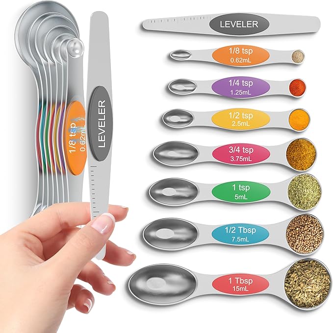 Magnetic Measuring Spoons Set Of 8, Heavy Duty 304 Stainless Steel Metal, Fits in Most Kitchen Spice Jars for Baking & Cooking, BPA Free,Measuring Dry & Liquid Ingredients Rainbow)
