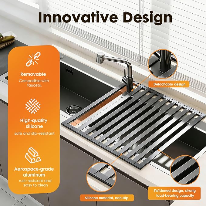 Foldable Over Sink Dish Drying Rack, Extra Wide & Thick Rust-Proof Aluminum Sink Cover for Counter Space, Collapsible Dish Drying Rack Fits Most Kitchen Sinks (Gray, 13.8“x13.6)