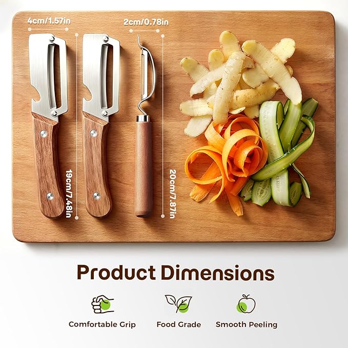 3-Pack Multi-Functional Vegetable Peeler for Kitchen, Ultra Sharp Stainless Steel Fruit & Potato Peelers with Ergonomic Wood Handle for Apple, Carrot, Cucumber, Pumpkin & Everyday Cooking