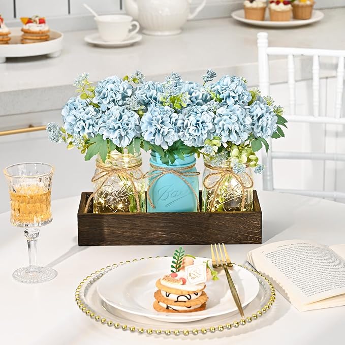 BLEUM CADE Centerpiece Table Decorations - Mason Jar Lights Centerpiece for Kitchen Dining Table Farmhouse Coffee Table Wedding Home Decor with 3 Jars Hydrangea Artificial Flowers & Wood Tray