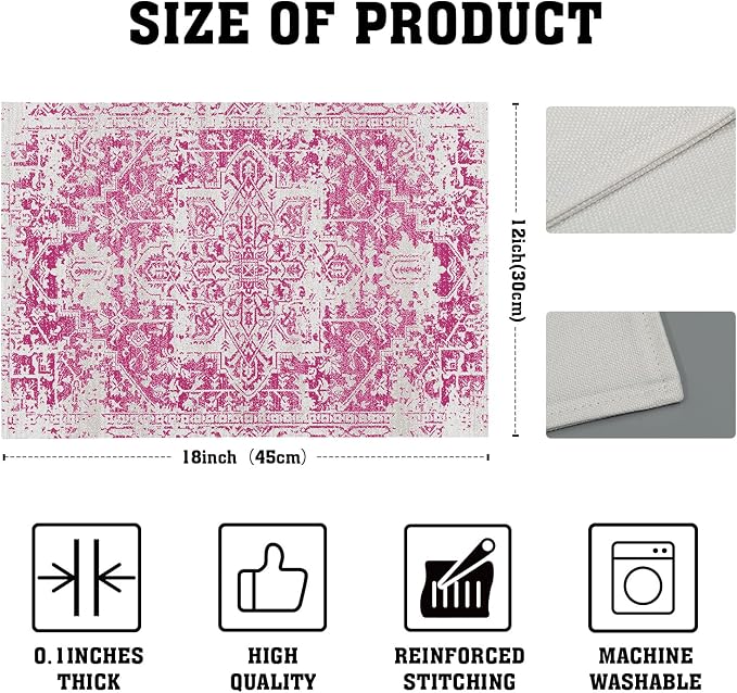 Gray Hot Pink Boho Placemats Set of 4 Ethnic Bohemian Carpet Place Mats Washable Kitchen Dining Vintage Grey Geography Floral Linen Table Mats Stain Heat-Resistant for Home Party Indoor 12x18 in