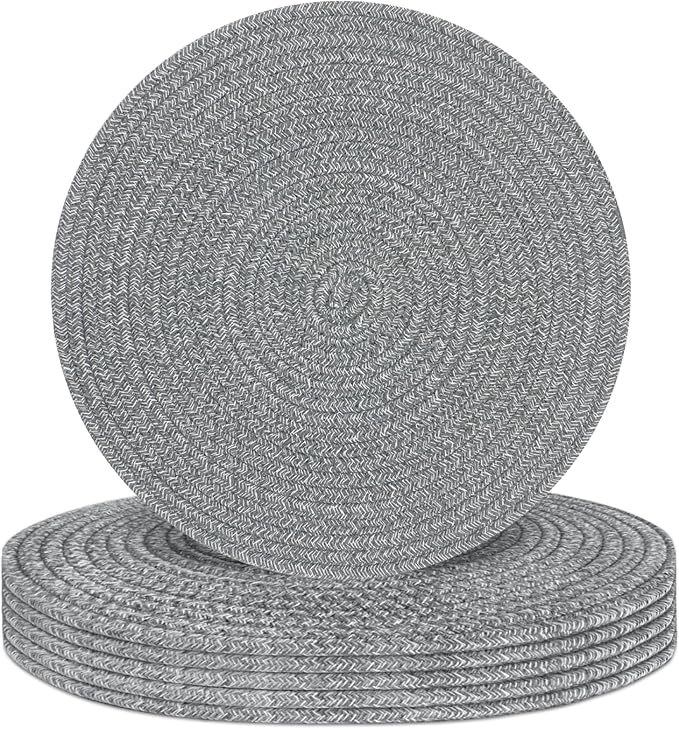 Round Placemats Set of 6, Cotton Rope Woven Table Mats, Hot Pads for Kitchen, Non Slip Heat Resistant Place Mats, 13 Inches Braided Placemat for Farmhouse Decor and Kitchen Table Decor (Gray)