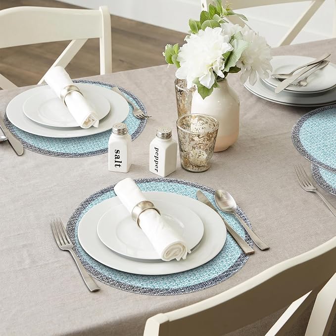 Niviy Blue Grey Ethnic Boho Round Placemats Set of 4, 15 Inch Linen Burlap Washable Durable Art Table Mats for Holiday Party Kitchen Dining Room Decoration
