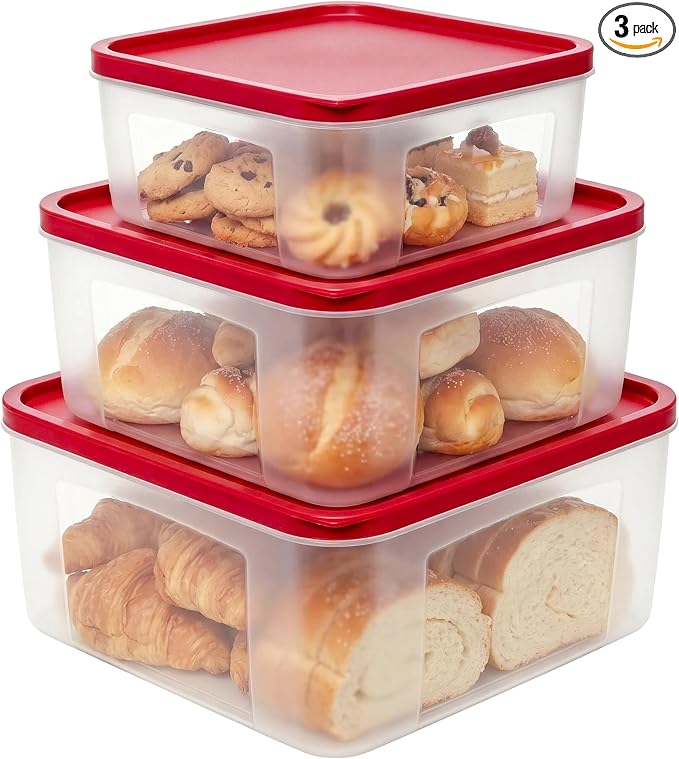 REDANT Plastic Food Storage Containers with Lids Airtight - Large Meal Prep Containers Reusable for Freezer - Bread Box for Cookies, Sandwich, Cake & Muffin, Leak-Proof & Stackable, Square, 3 Pcs