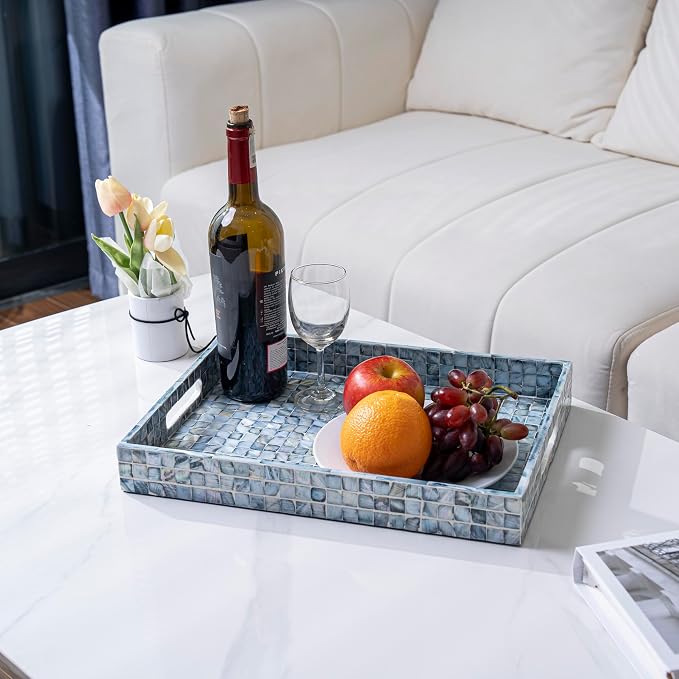 PEMAR Rectangular Mother of Pearl Serving Tray Nacre Wood Lap Ottoman Tray for Coffee Table, Luxury Decorative Handmade Eating Platters w Insert Handles (Blue)
