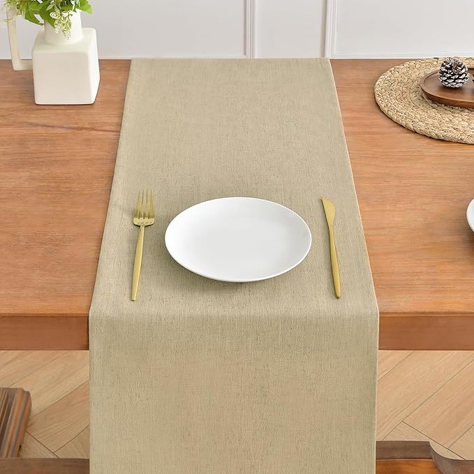Wracra Linen Style Table Runner, Rustic Farmhouse Vintage Natural Table Runners 108 Inches Long, Handcrafted Table Runner for Fall, Winter - Everyday Use and Machine Washable