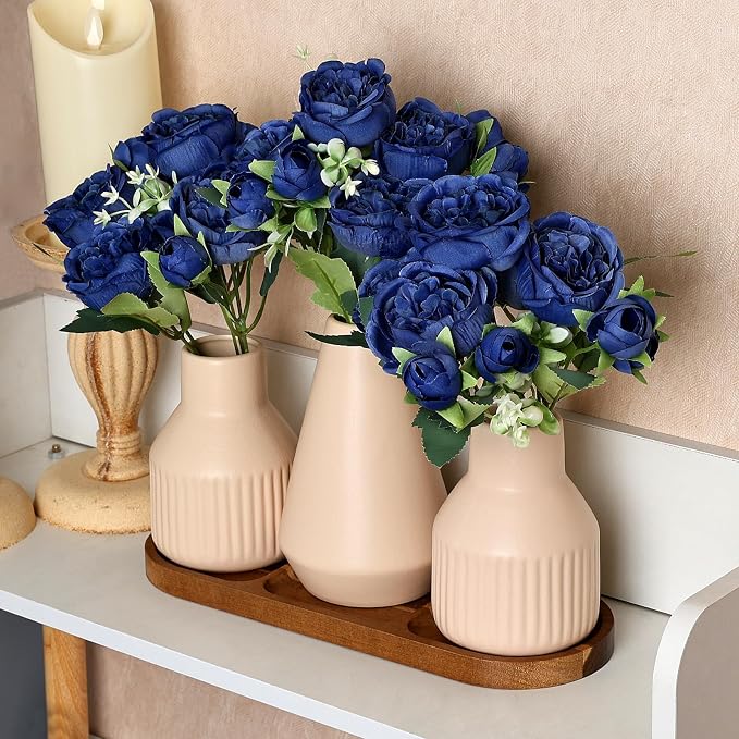 Flower Table Centerpiece - Dining Table Centerpiece Decor Set of 3 Fake Peonies in Ceramic Vases & Wood Tray Modern for Kitchen Island Living Room Coffee Table Home Decor (Royal Blue)
