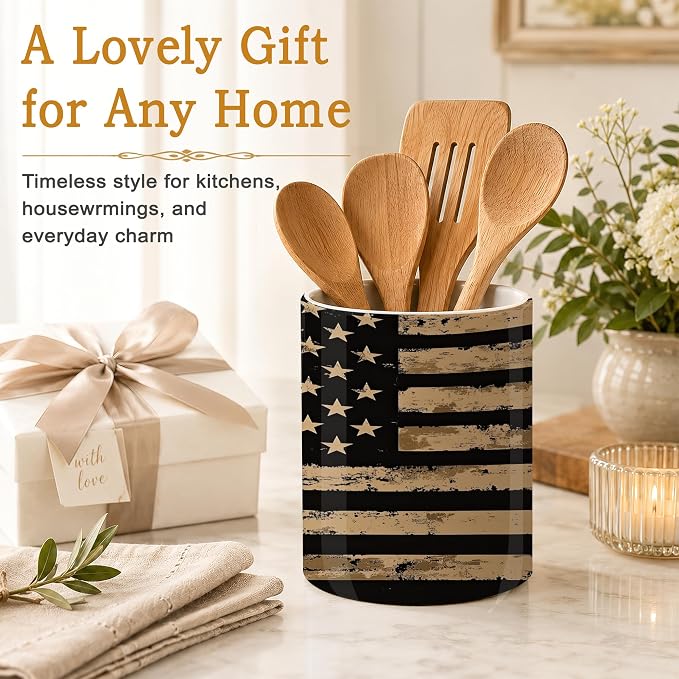 Kitchen Utensil Holder,Retro Flag Ceramic Utensil Crock for Countertop,Cooking Tools Storage jar for Spatulas and Spoons,Housewarming Gifts 6.3"