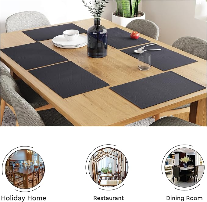 Encasa XO Dining Placemat Set of 6 | Solid Grey Color | Fine Ribbed Cotton Table mat | Size 19x13 in | Machine Washable