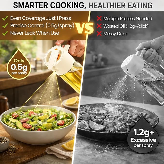 Costop Oil Sprayer for Cooking, 2025 Large Advanced Olive Oil Dispenser Bottle,500ml/17oz Glass Olive Oil Sprayer,2 in 1 Even Spray with Portion Control for Kitchen, Air Fryer, Salad, BBQ - White