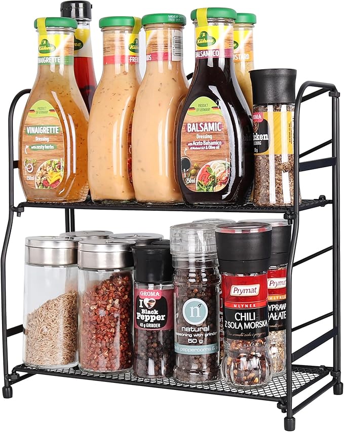 2 Tier Spice Rack Seasoning Bottle Holder Black Metal Non-Slip Foldable Kitchen Bathroom Countertop Tabletop Standing Organizer for Home House Office desktop Items Storage Y0727(Wave)