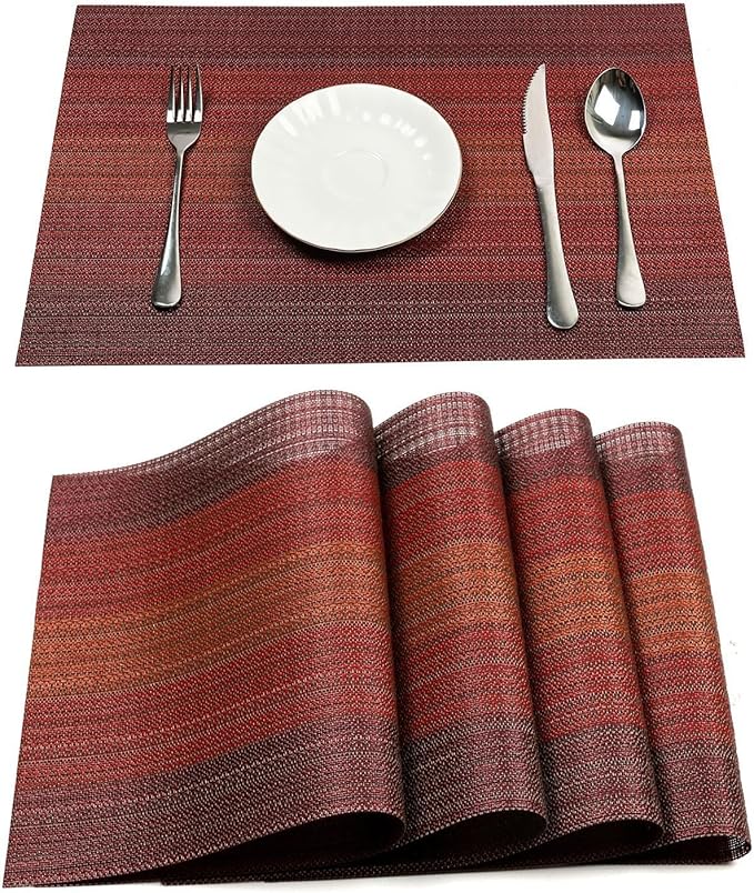 Placemats, Placemats for Dining Table Set of 4, Kitchen Table Mats Heat-Resistant Non-Slip Washable PVC Woven Vinyl Place Mats for Dining Room Table Decoration (Pack of 4, Gradient Red)
