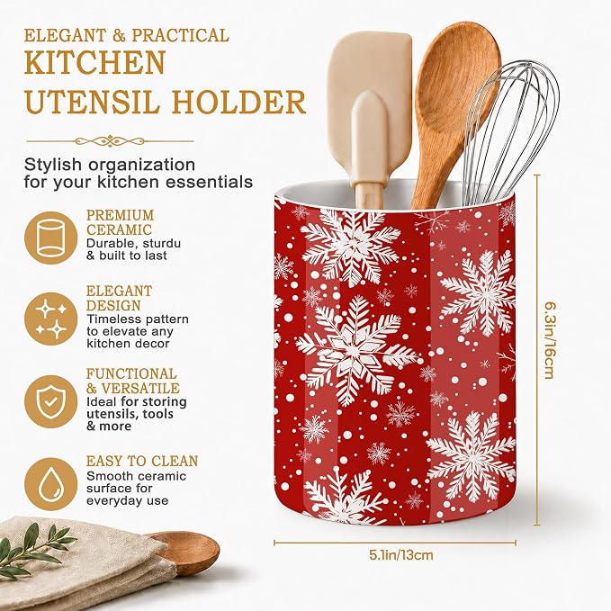 Snowflakes Kitchen Utensil Holder,Christmas Large Ceramic Utensil Crock Organizer for Spatulas,Spoons and Cooking Tools,Kitchen,Home Decoration 6.3"