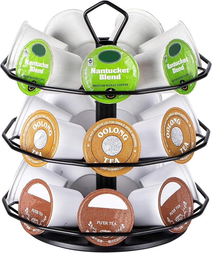 FlagShip K cup Holder Carousel 3 Tier for Keurig Pod Holder Metal DIY Install Small for K-cup Storage Stand 21 K Pod Storage