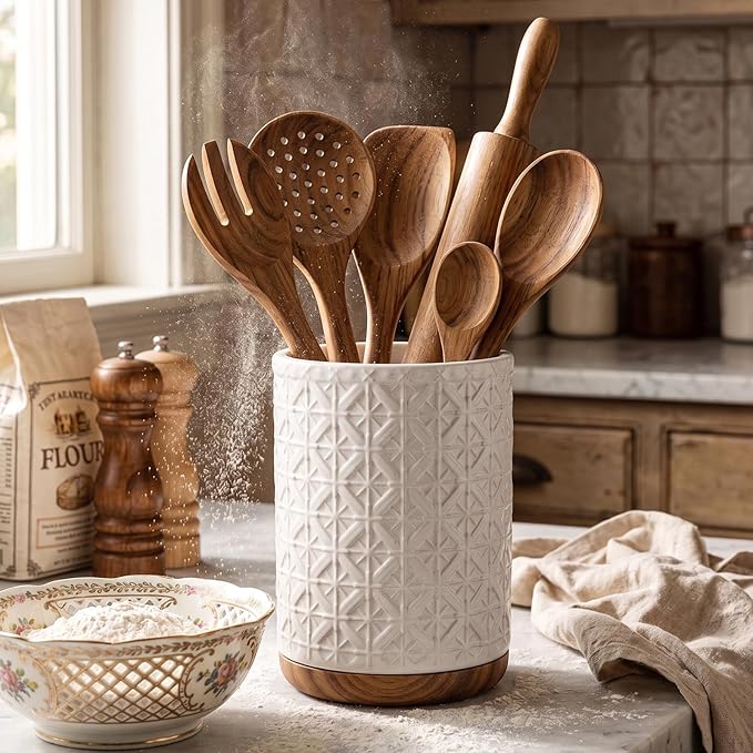 Boho Kitchen Decor Ceramic Utensil Holder with Wooden Base, Checkered Utensils Holder for Farmhouse Indoor Decorations, Utensil Crock for Kitchen Counter Utensil Organizer for Spatula & Spoon