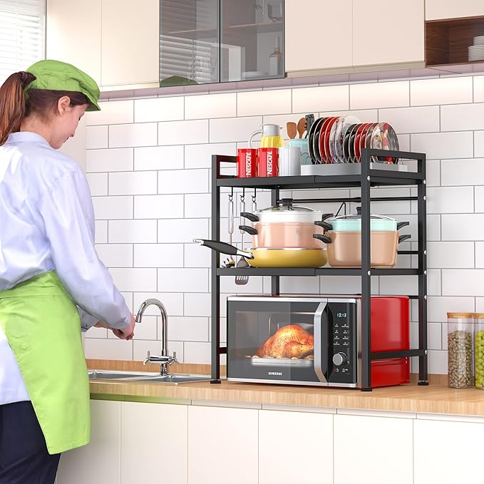 PUSDON Microwave Oven Rack, Adjustable Shelf Organizer 3-Tiers with 3 Hooks, & 160lbs Capacity for Kitchen Counter, White