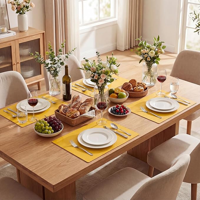 Artoid Mode Yellow Faux Leather Placemats Set of 8, 12x18 Inch Waterproof Wipeable Heat Resistant Vinyl Place Mats, Reversible Table Mats for Summer Kitchen Dining Decor
