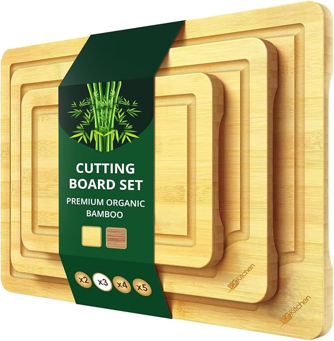 Big Kitchen 3-Piece Bamboo Cutting Board for Kitchen Butcher Block for Chopping Meat, Veggies & Cheese Durable Non-Plastic Wooden Chopping Board with Juice Groove & Easy Grip Handles
