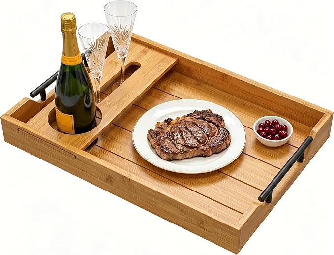 Serving Tray with Wine Glass Holder, Charcuterie Snack Tray with Handles for Wine, Cheese, Fruit and Nuts, Picnic Tray for Parties, Coffee Table and Entertaining