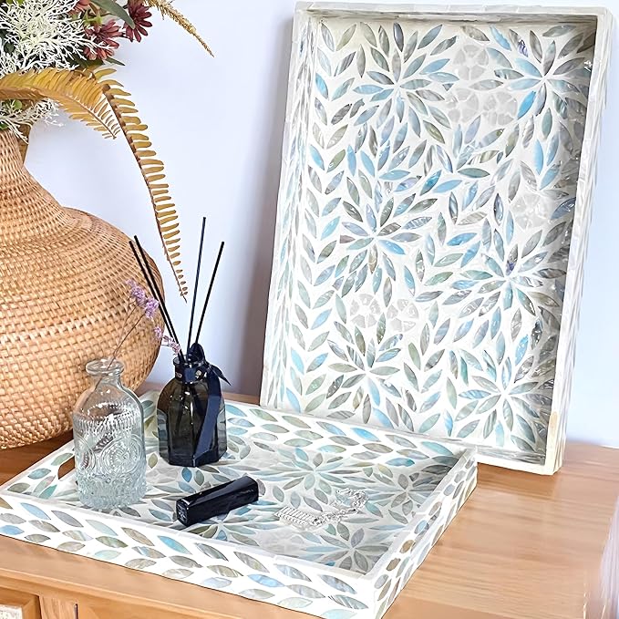 i-lan Set of 2 Mother of Pearl Serving Trays (16" & 14") with 2 Caviar Spoons – Rectangular Wooden Ottoman Tray with Sea Shell Inlay – Decorative Nesting Platters for Coffee Table, Vanity & Breakfast