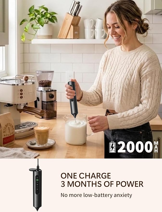 Rechargeable Milk Frother Hanheld 3 Speed, Frother Wand Drink Mixer Handheld Coffee Stirrers Electric Frother for Coffee Mixer Wand with 3 Whisk frother for protein powder-Black