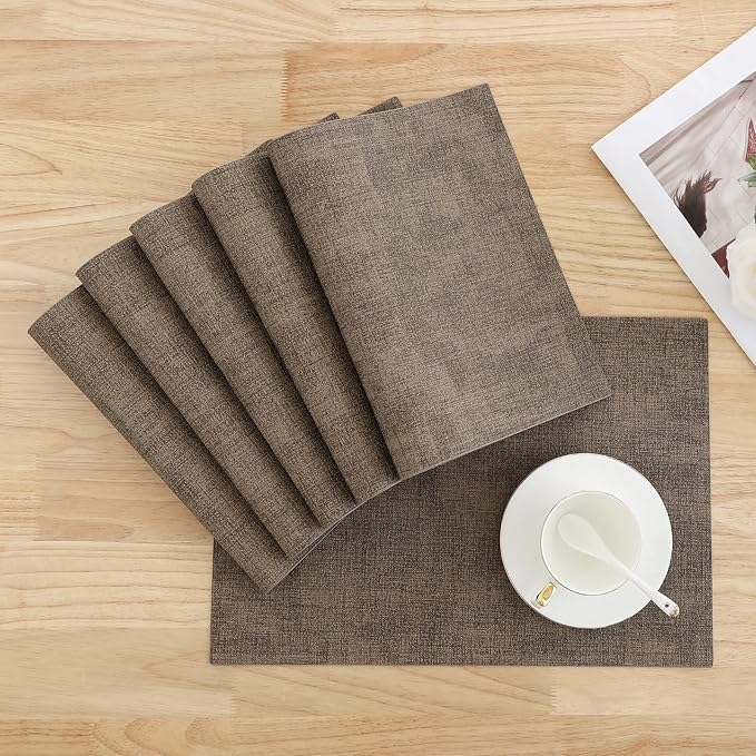 Homaxy Faux Leather Heat Resistant Placemats for Dining Table Set of 6, Waterproof Wipeable Washable PU Table Mats, Easy to Clean Anti-Slip Place Mats, 11.8" x 17", Dark Brown