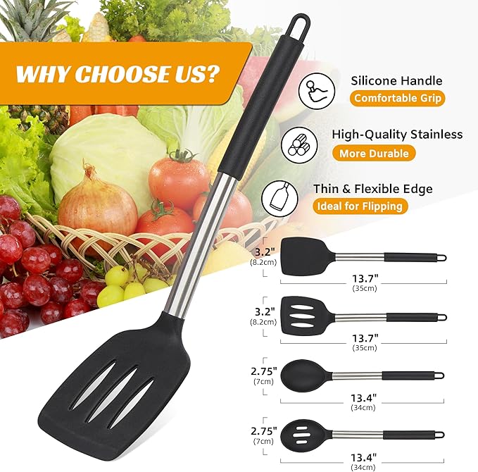 Silicone Cooking Kitchen Utensils Set Kitchen Utensils Set Silicone Cooking Utensils Set for Nonstick Cookware Perfect for Baking and Mixing Spatula Set BPA Free Dishwasher Safe Black 4 Pack