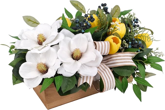 Spring Flowers Centerpiece for Table Decor, 20" L Lifelike Artificial Magnolia Tulip in Rectangular Wood Box, Lush Spring Eater Faux Floral Arrangement Farmhouse Mantel Shelf Kitchen Island Decor