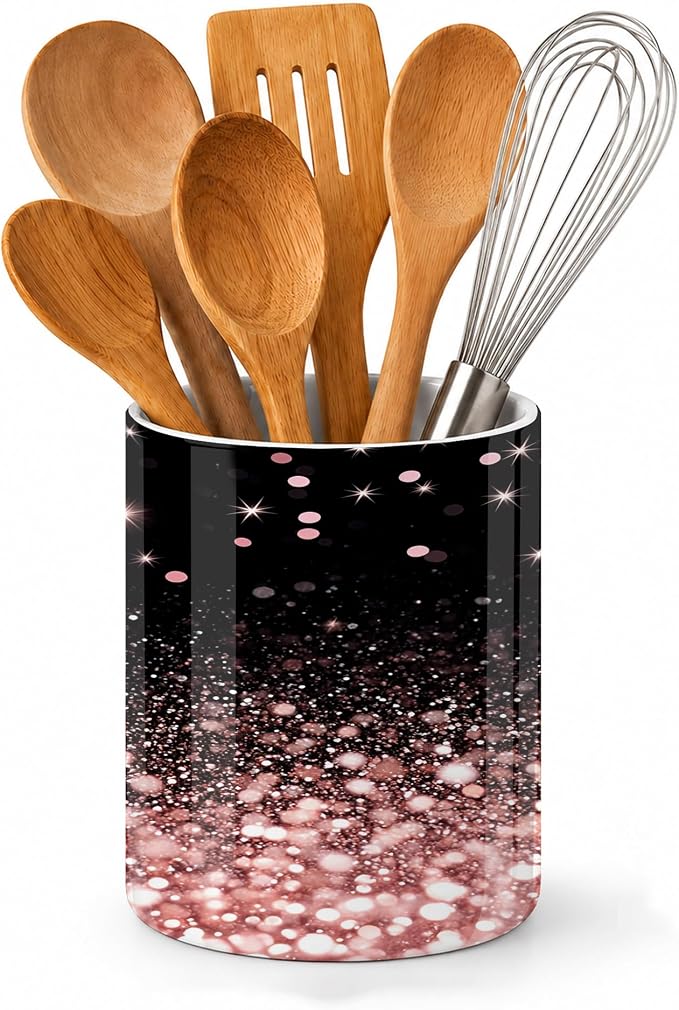 Kitchen Utensil Holder,Rose Gold Glitter Large Ceramic Utensil Crock Organizer for Spatulas,Spoons and Cooking Tools,Kitchen,Home Decoration 6.3"