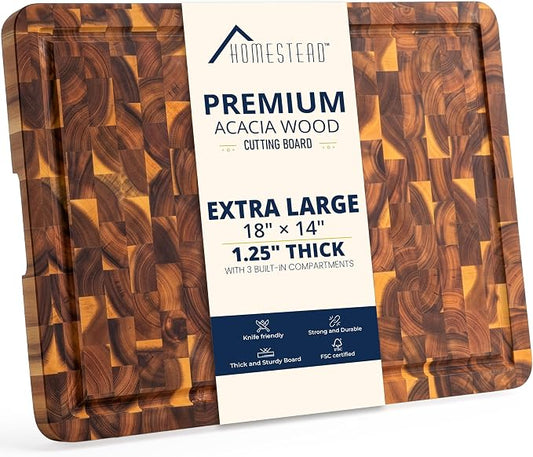 HOMESTEAD End Grain Acacia Wood Cutting Board for Kitchen 18x14x1.25 in, Large Butcher Block Chopping Board for Meat Vegetables with Juice Groove, Sorting Compartments, Handles, Knife-Friendly Surface