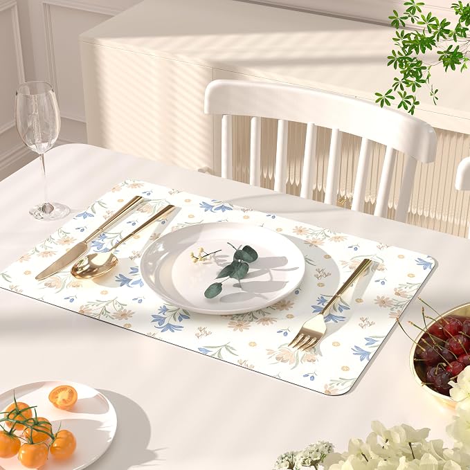 QiyI Placemats Set of 6, 12x18 Inch Faux Leather Place Mats for Kitchen Dinning, Heat Resistant Anti Slip Floral Table Mats, Waterproof Wipeable Washable Placemat Party Table Décor, Minimal Flowers
