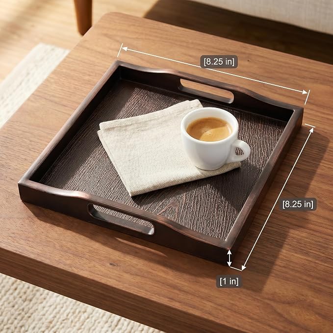 Bam & Boo Square Plastic Serving Tray 8.25" x 8.25" x 1" with Handles Wood Grain Texture Padded Bottom