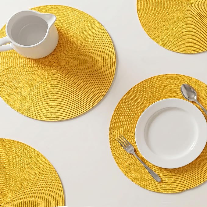 AHHFSMEI Round Placemats Set of 6 Heat Resistant Washable Non-Slip Woven Braided Table Mats for Dining Table Kitchen & Home Decor (Yellow)