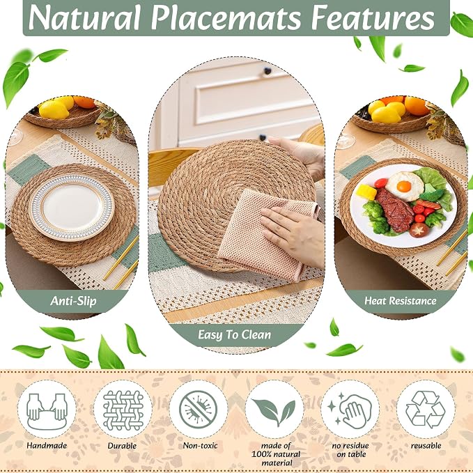 Boho Placemats 4/6/8 Set of Round Woven Placemat Macrame Style Bicolor Stitching Long Table Runner Farmhouse Rustic Natural Burlap Cotton for Kitchen Dining Table(6 Sets,Green,12x72)