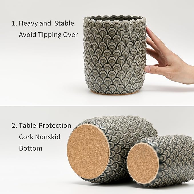 JIEMEI HOME Kitchen Utensil Holder, Large 7.5"+6.2" Petal Ceramic Utensil Crock for Countertop, Utensil Holder with Cork Mat, Morden Utensil Organizer for Spatula, Kitchen Decor, Set of 2-Grayish Blue