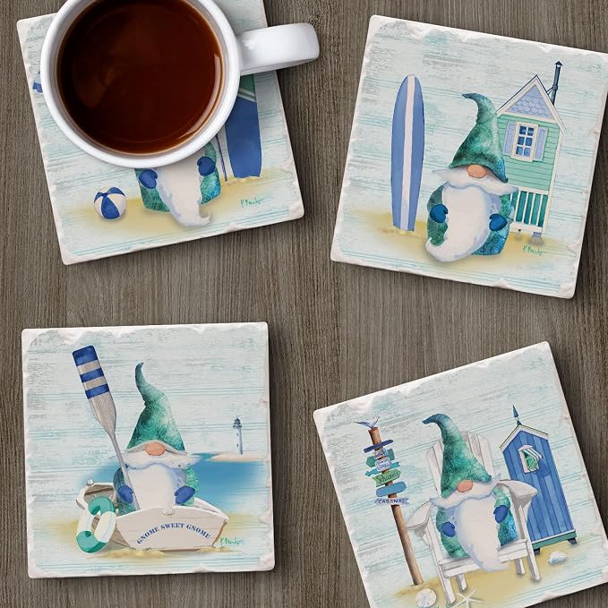 Thirstystone Coastal Gnomes 4 Pack Assorted Tumbled Tile Stone Coasters with Protective Cork Backing Manufactured in The USA Absorbent Easily Wipes Clean
