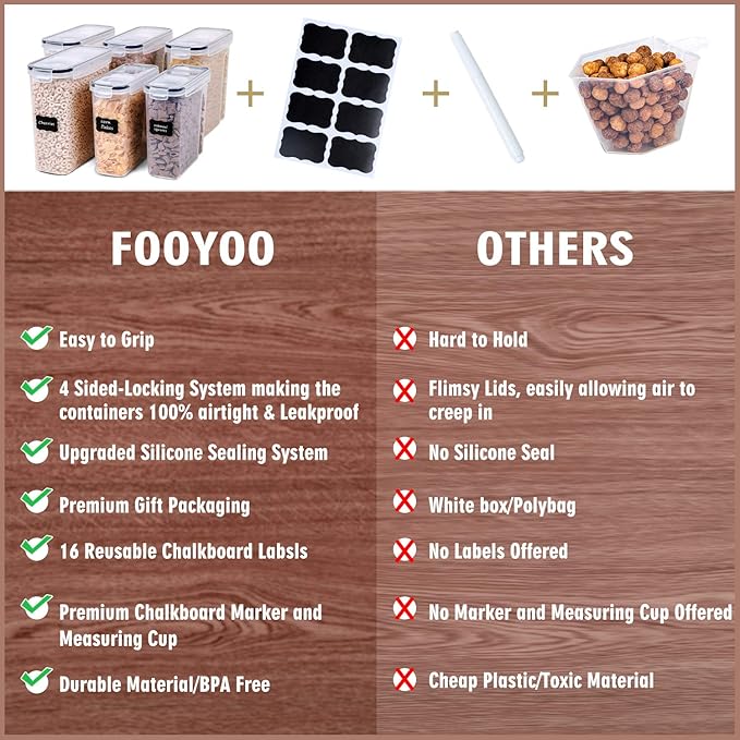 FOOYOO Cereal Containers Storage Set - 6 Piece Airtight Large Dry Cereal Storage Containers(4 * 4L+2 * 2.5L), BPA Free Dispenser Plastic Cereal Storage Containers with 16 Labels & Pen