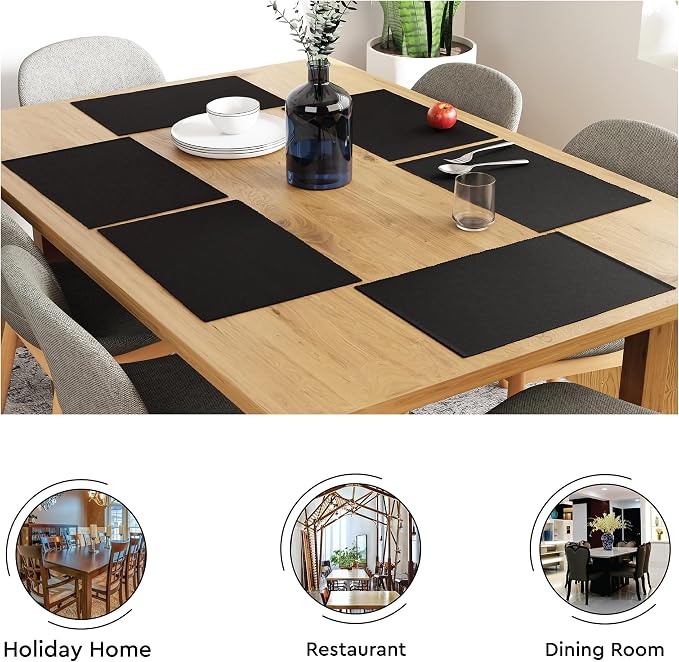 Encasa XO Dining Placemat Set of 6 | Solid Black Color | Fine Ribbed Cotton Table mat | Size 19x13 in | Machine Washable