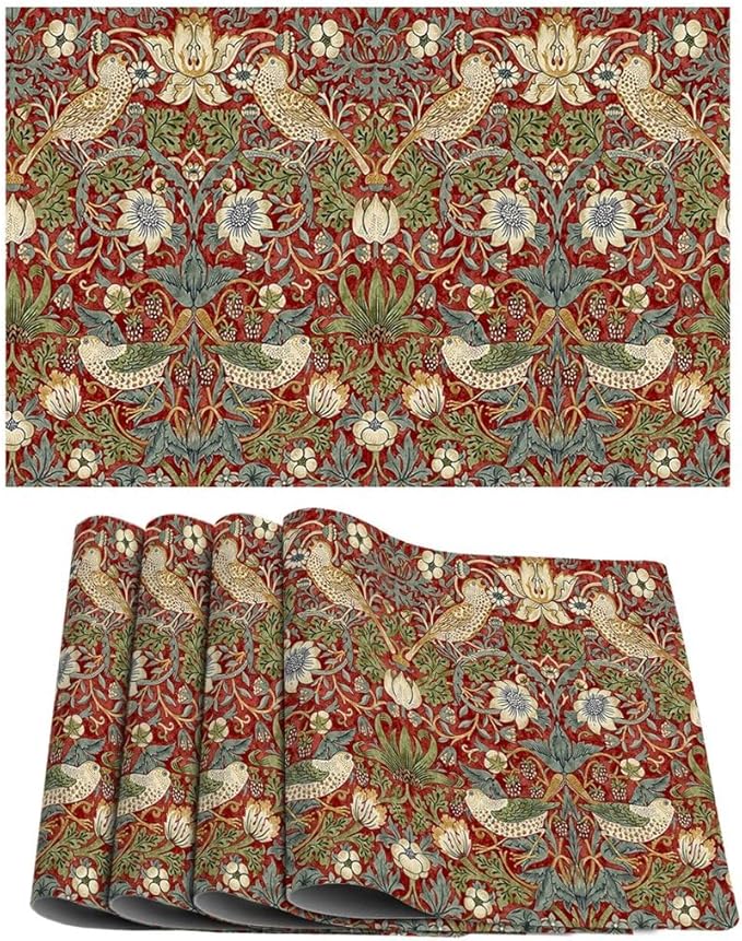 William Morris Placemats Set of 4 Floral Bird Strawberry Vintage Anthropologie Washable Heat Resistant Place Mats for Dining Table Nature Botanical Linen Woven Wipeable Kitchen Table Mat Red