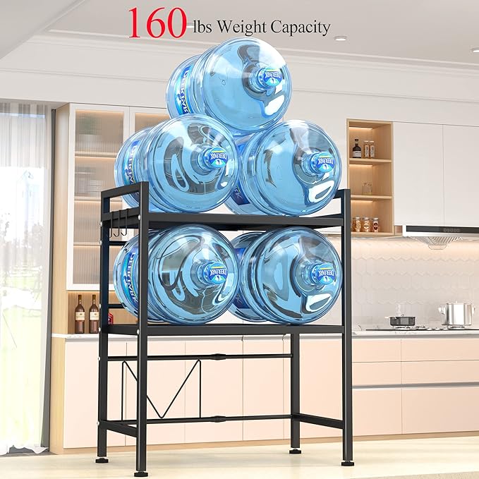PUSDON 3-Tier Expandable Microwave Oven Rack, Countertop Baker's Rack Style Shelf, Heavy Duty Adjustable Standing Shelf with Hooks, 160lbs Capacity Kitchen Space Saver, Matte Black