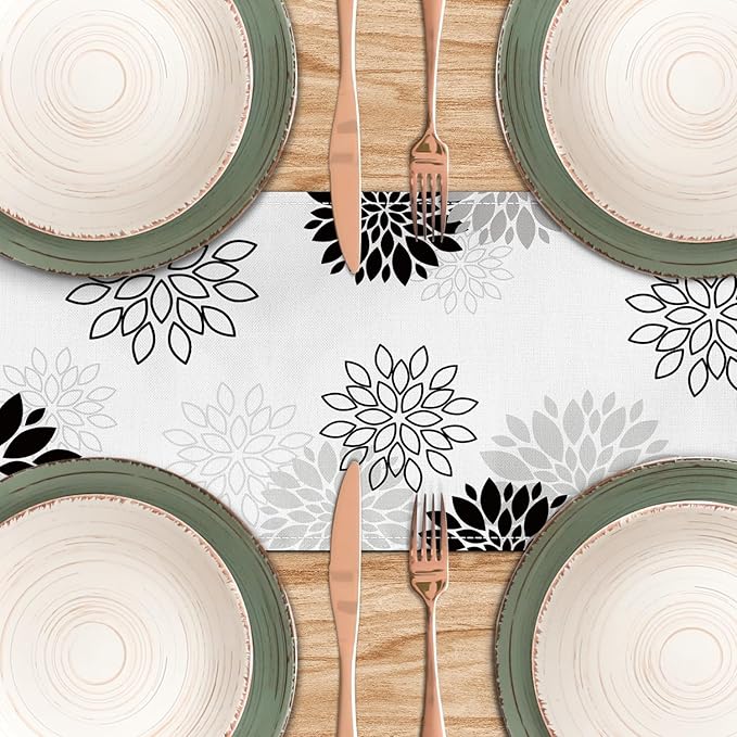 Dahlia Flower Table Runner 13x36 Inch Farmhouse Black Gray Runners Modern Table Decorations Rustic Geometric Coffee Table Runner for Home Kitchen Dining Room Party (13"x36", Dahlia Floral-Black)
